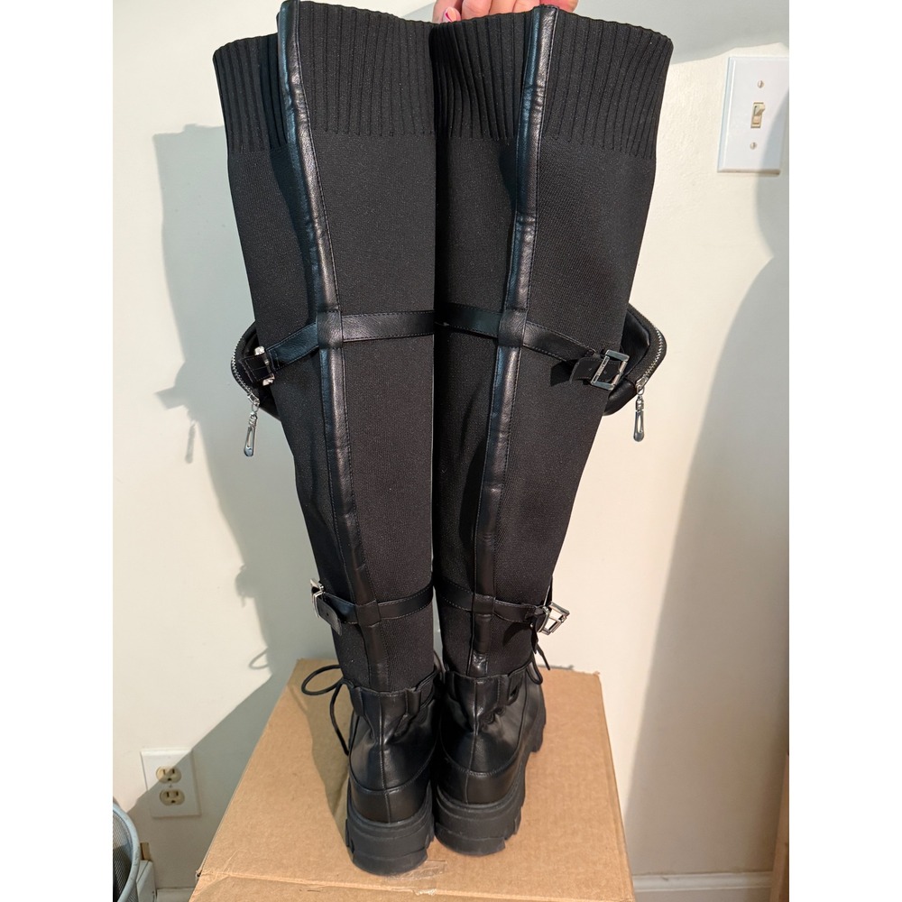 Black Thigh High Sock Boots Utility Pocket Buckle Lug Sole Over The Knee 10W - Picture 3 of 5